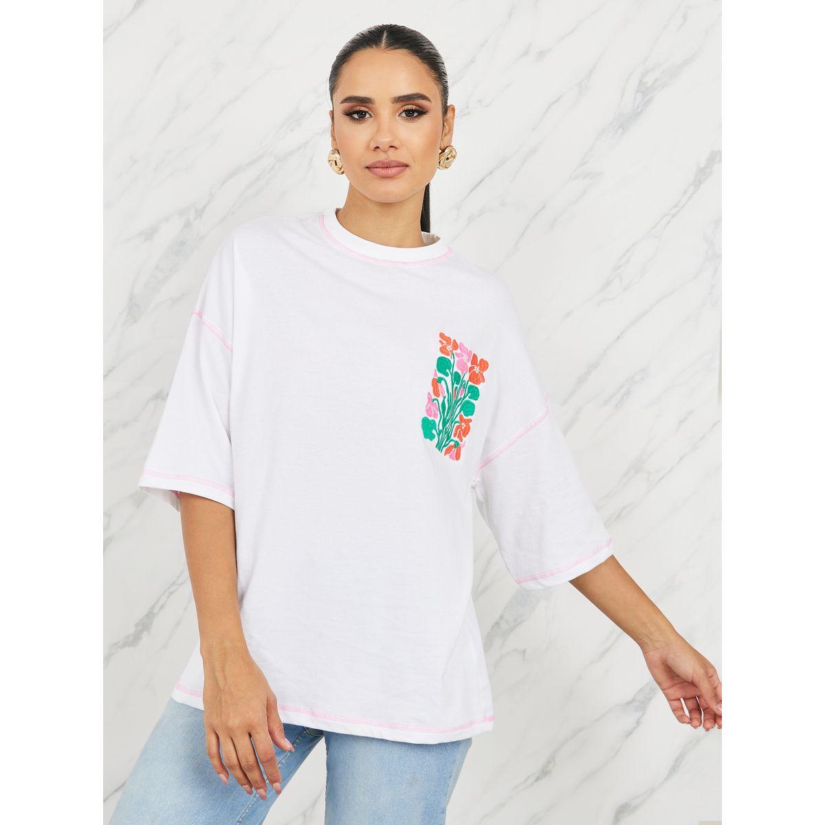 Styli Oversized Embroidered Contrast Stitch Detail Drop Shoulder T-shirt-women-clothing-tshirts-image-3