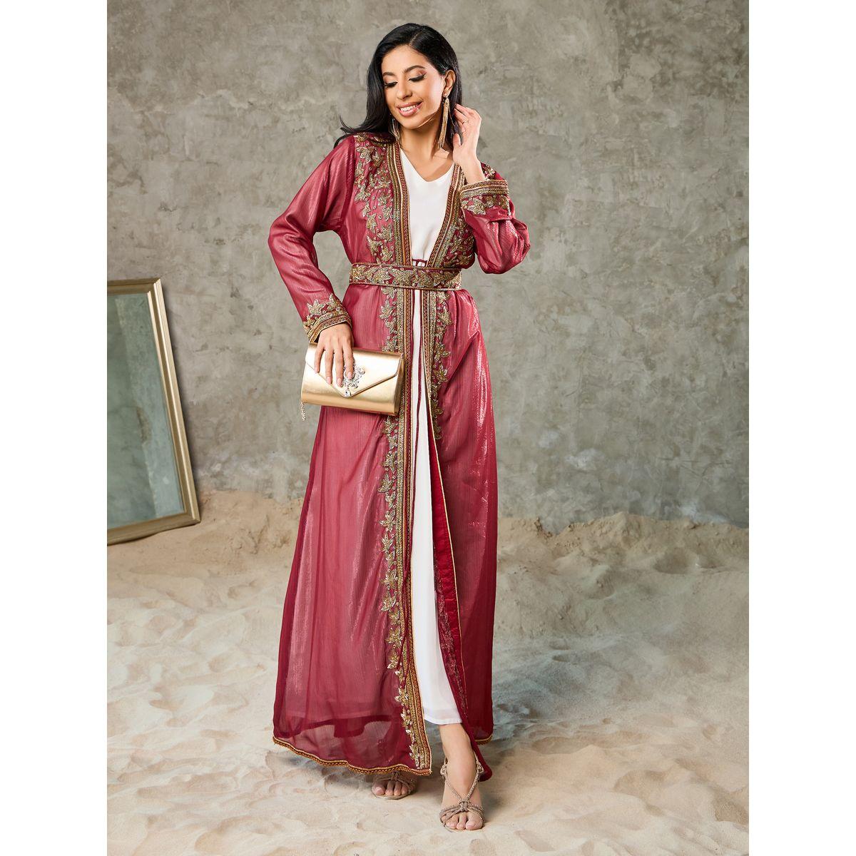 Maxim Creation Embellished Lurex Striped Abaya with Belt and Solid Inner Dress Set-women-arabicclothing-kaftan-image-1