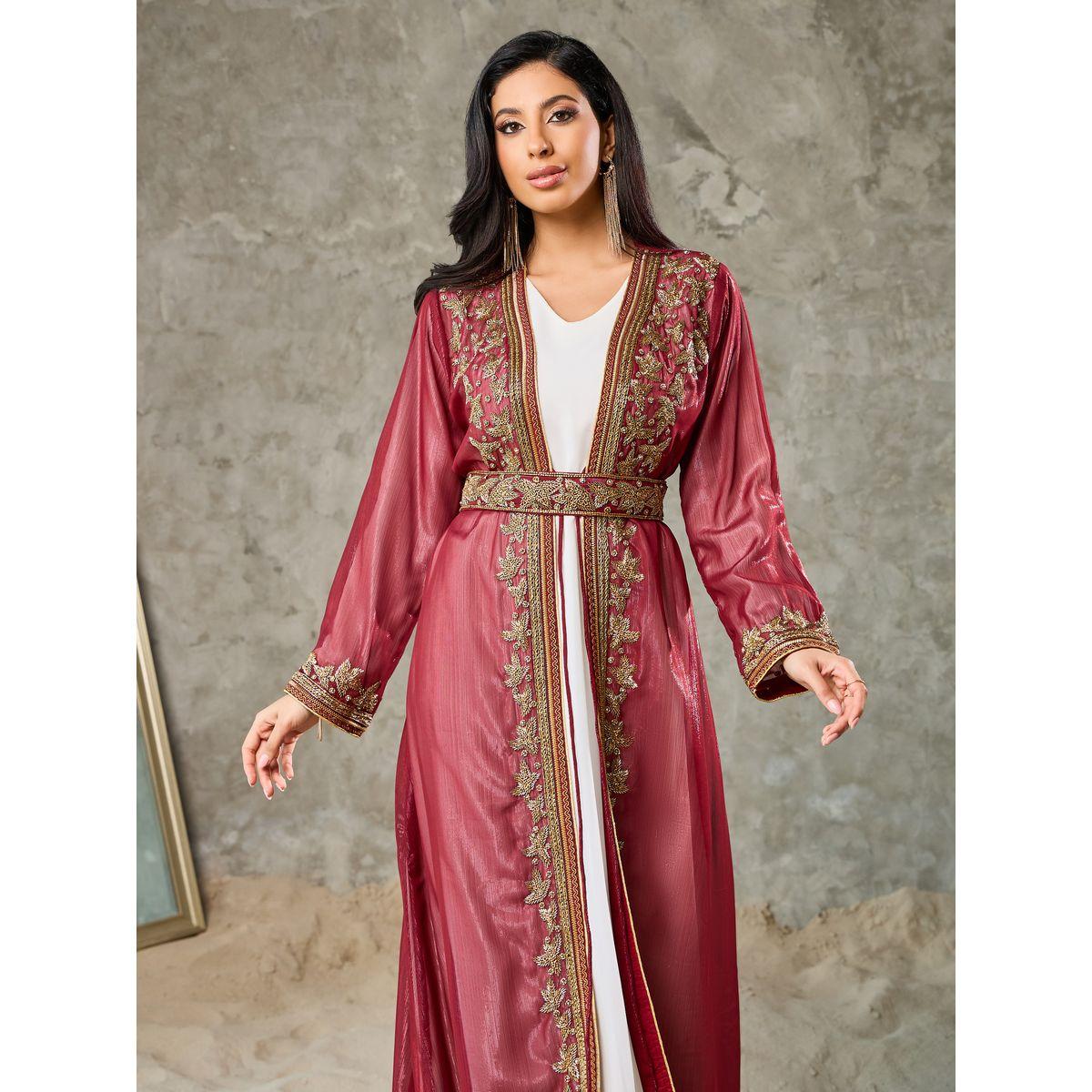 Maxim Creation Embellished Lurex Striped Abaya with Belt and Solid Inner Dress Set-women-arabicclothing-kaftan-image-2