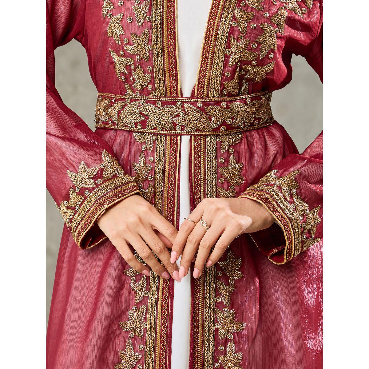 Maxim Creation Embellished Lurex Striped Abaya with Belt and Solid Inner Dress Set-women-arabicclothing-kaftan-image-3
