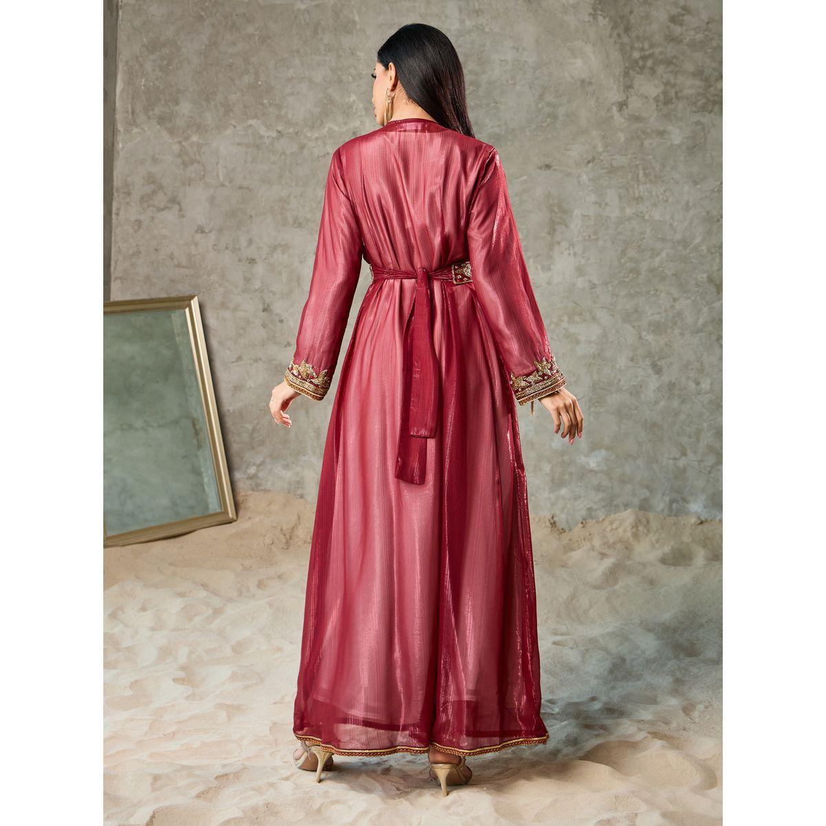 Maxim Creation Embellished Lurex Striped Abaya with Belt and Solid Inner Dress Set-women-arabicclothing-kaftan-image-4