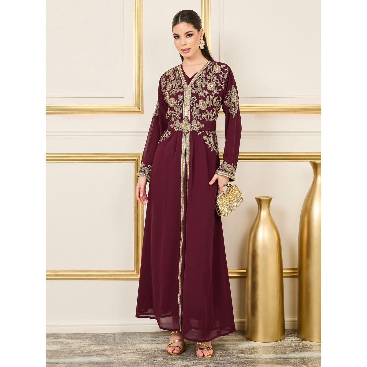 Maxim Creation Floral Handwork Beaded Detail Belted Kaftan-women-arabicclothing-kaftan-image-1
