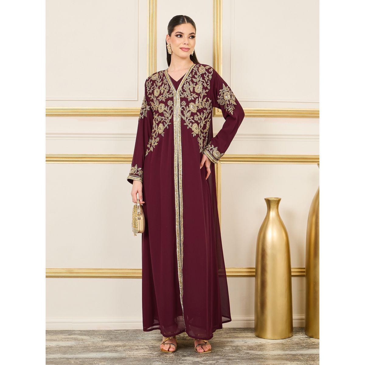 Maxim Creation Floral Handwork Beaded Detail Belted Kaftan-women-arabicclothing-kaftan-image-2