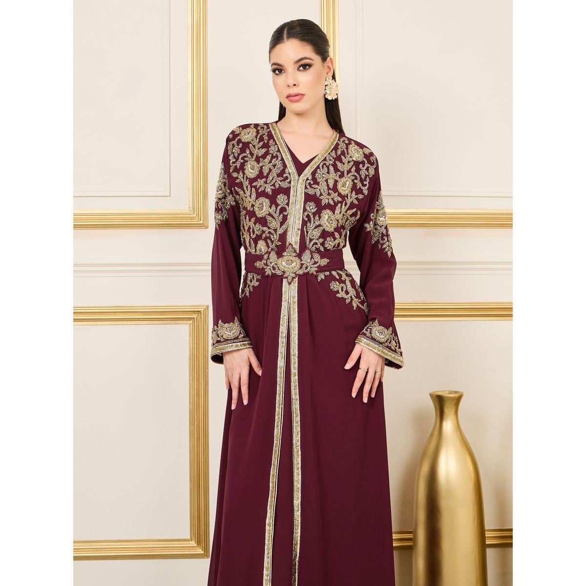 Maxim Creation Floral Handwork Beaded Detail Belted Kaftan-women-arabicclothing-kaftan-image-3