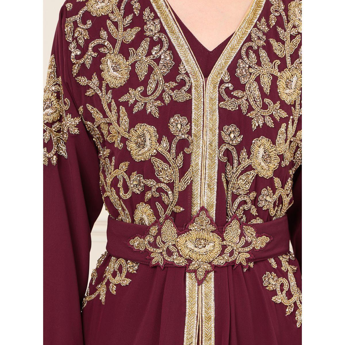 Maxim Creation Floral Handwork Beaded Detail Belted Kaftan-women-arabicclothing-kaftan-image-5