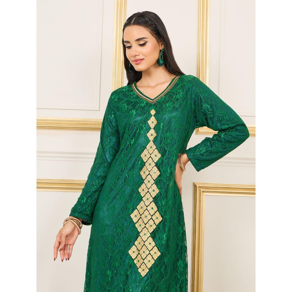 Maxim Creation X Styli  All Over Lace Embroidered Rhinestone Detail Kaftan-women-arabicclothing-kaftan-image-8
