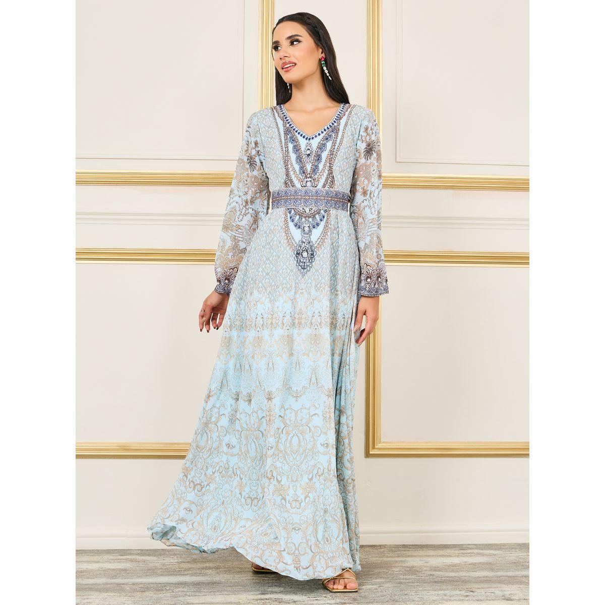 جلابية مزينة بحجر الراين مع حزام خصر ماكسيم كرييشن × ستايلي-women-arabicclothing-jalabiyas-image-1
