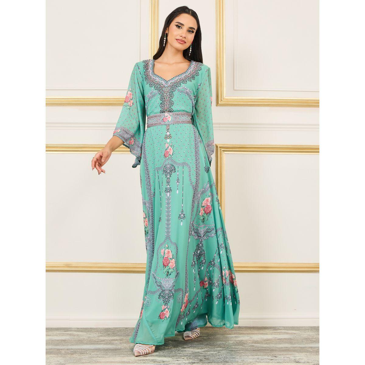 Maxim Creation Rhinestone Detail Digital Print Belted Jalabiya-women-arabicclothing-jalabiyas-image-1