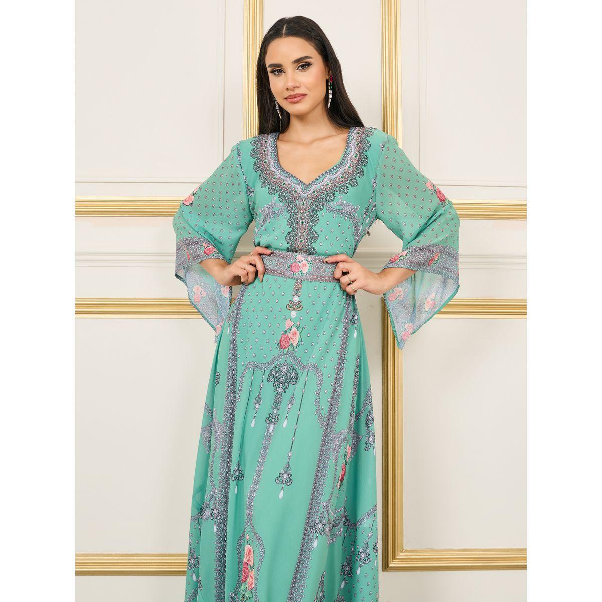 Maxim Creation Rhinestone Detail Digital Print Belted Jalabiya-women-arabicclothing-jalabiyas-image-2