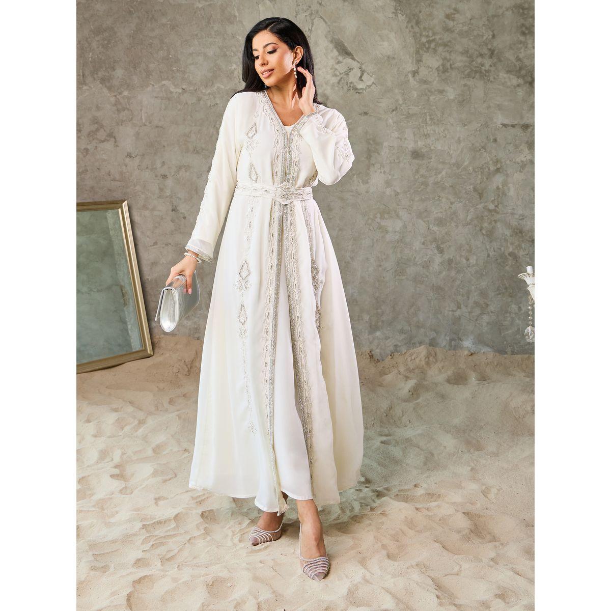Maxim Creation All Over Bead Embellished Kaftan with Tie Up-women-arabicclothing-kaftan-image-1