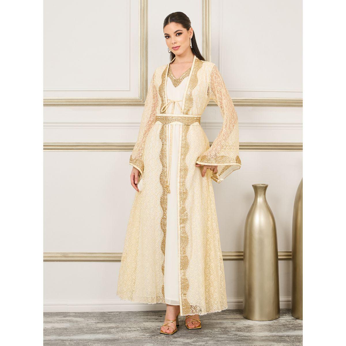 Maxim Creation Embroidered Stone Detail All Over Lace Belted Kaftan-women-arabicclothing-kaftan-image-1