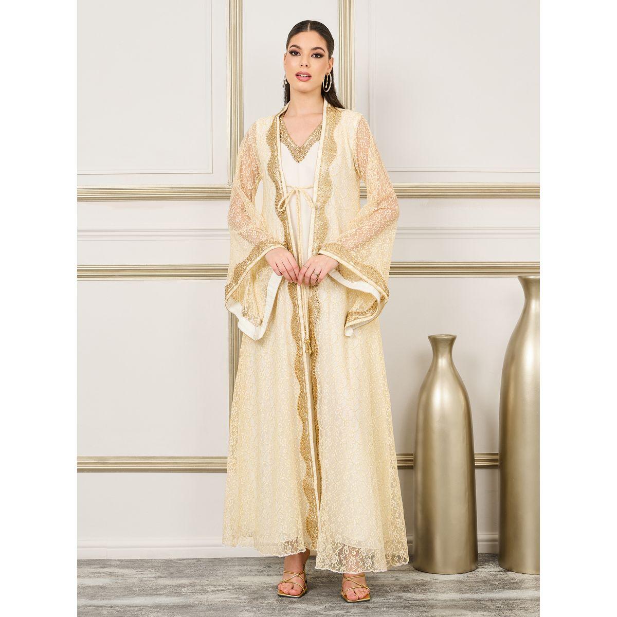 Maxim Creation Embroidered Stone Detail All Over Lace Belted Kaftan-women-arabicclothing-kaftan-image-2