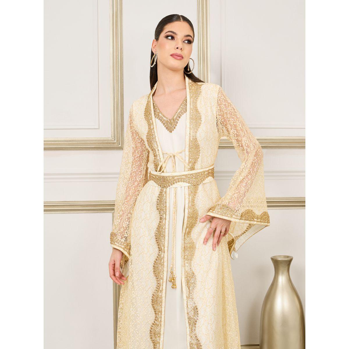 Maxim Creation Embroidered Stone Detail All Over Lace Belted Kaftan-women-arabicclothing-kaftan-image-3