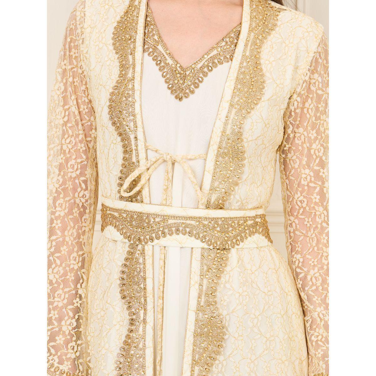 Maxim Creation Embroidered Stone Detail All Over Lace Belted Kaftan-women-arabicclothing-kaftan-image-5