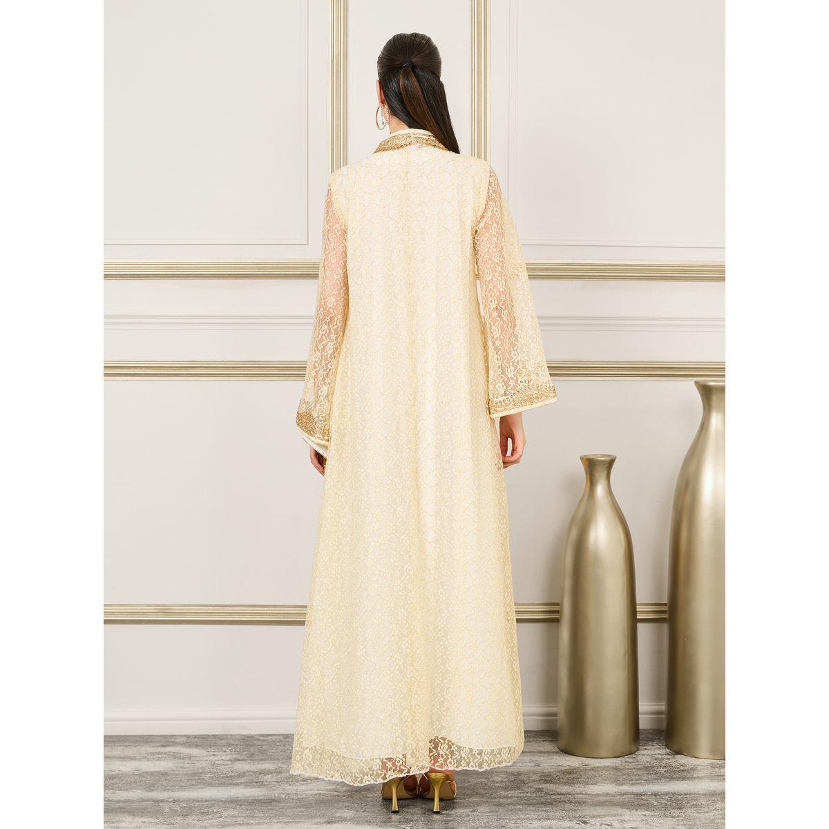 Maxim Creation Embroidered Stone Detail All Over Lace Belted Kaftan-women-arabicclothing-kaftan-image-7