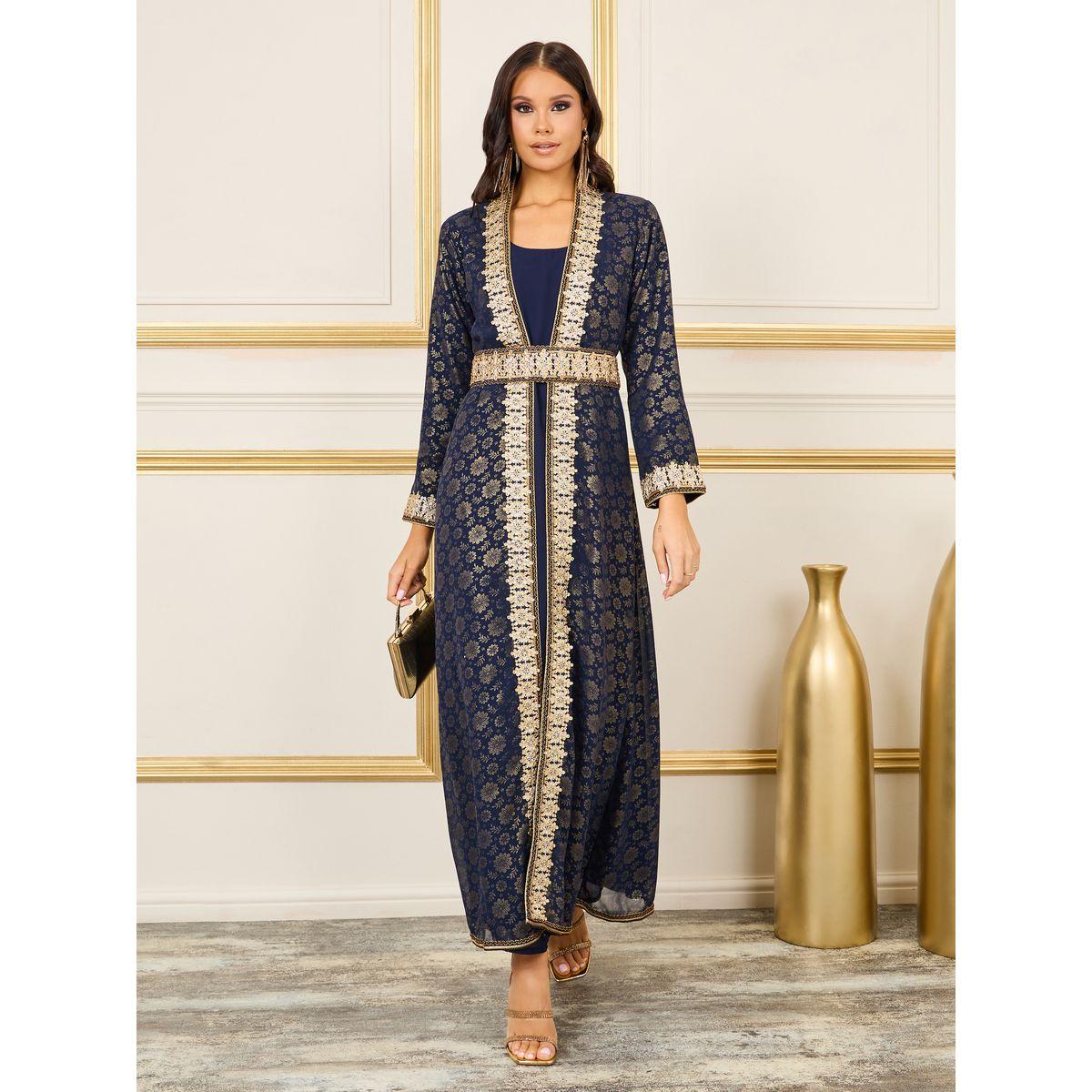 Maxim Creation X Styli  Foil Print Thread Embroidered Stone Detail Belted Kaftan-women-arabicclothing-kaftan-image-1