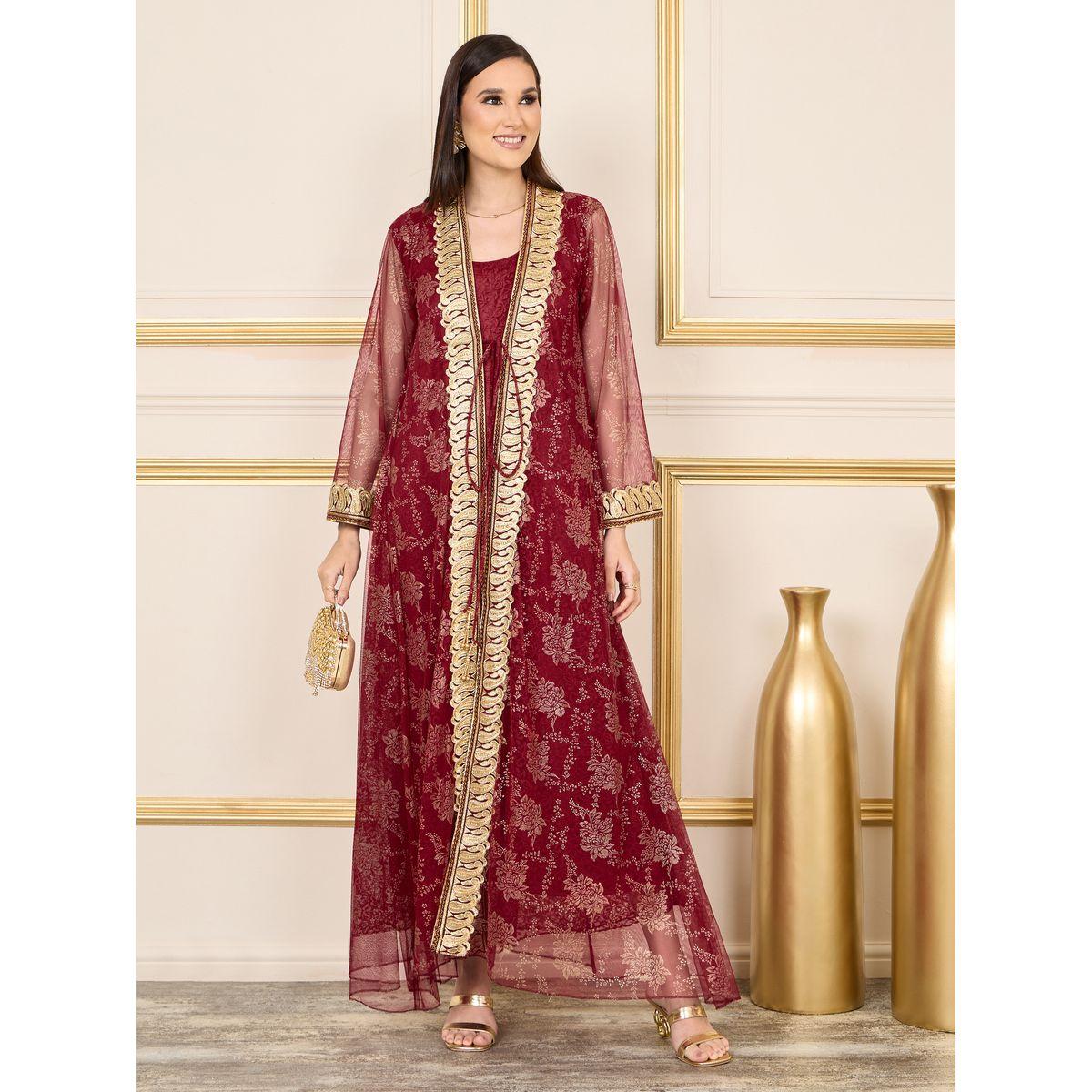 Maxim Creation X Styli  Embroidered Lace Sheer Mesh Tie Up Kaftan-women-arabicclothing-kaftan-image-1