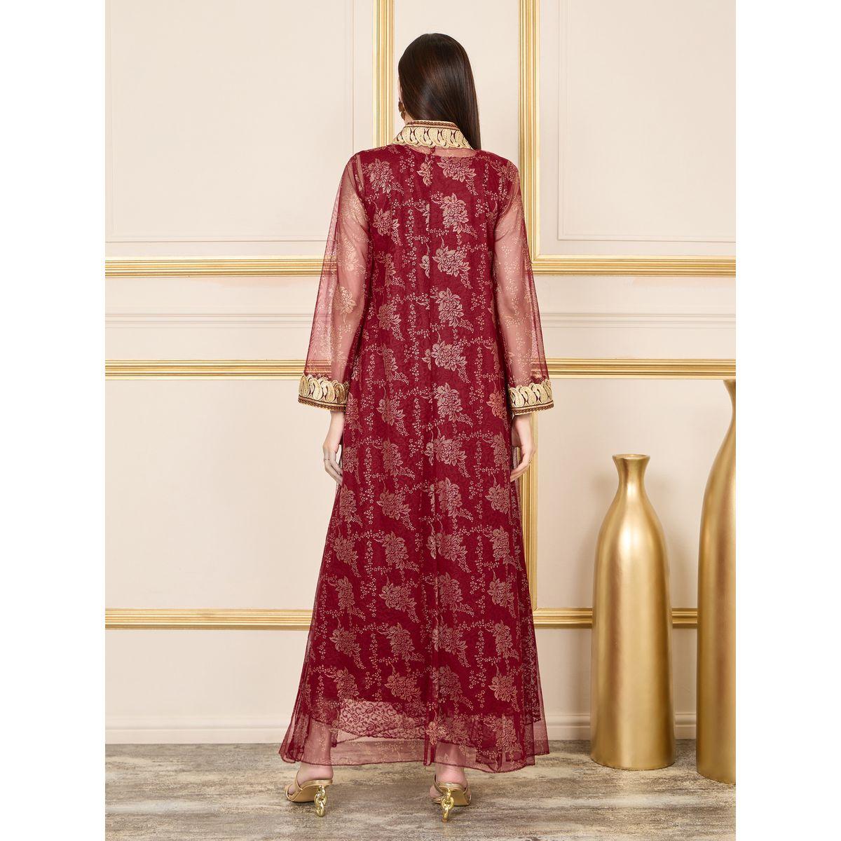 Maxim Creation X Styli  Embroidered Lace Sheer Mesh Tie Up Kaftan-women-arabicclothing-kaftan-image-5