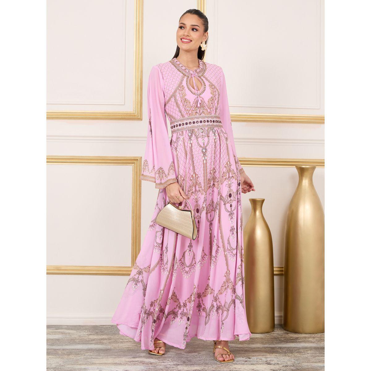 Maxim Creation Embellished Printed Tie Up Neck Jalabiya-women-arabicclothing-jalabiyas-image-1