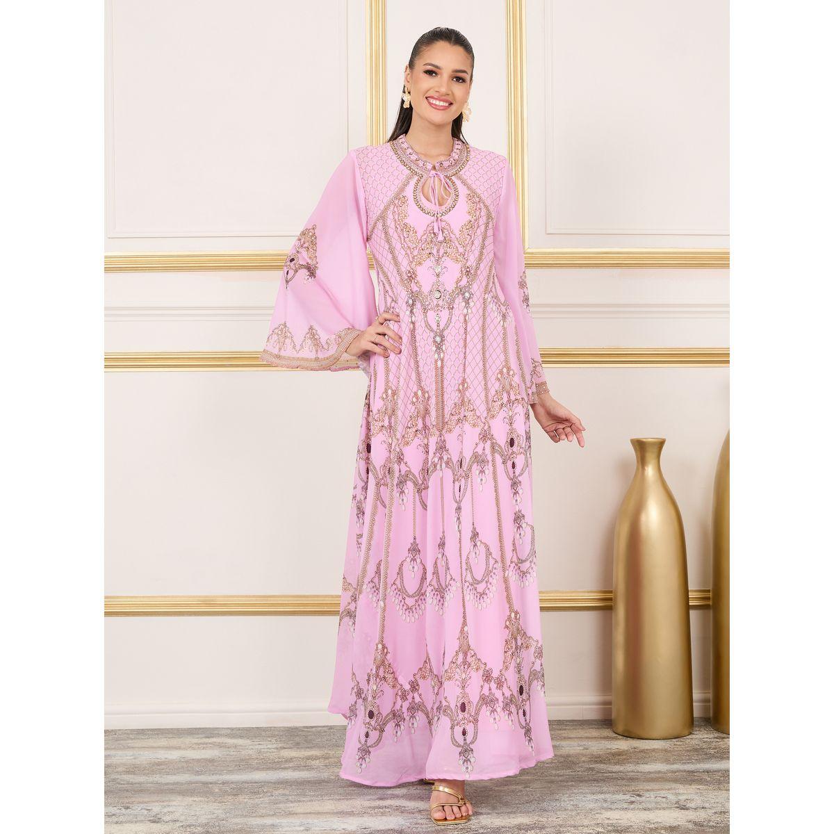 Maxim Creation Embellished Printed Tie Up Neck Jalabiya-women-arabicclothing-jalabiyas-image-2