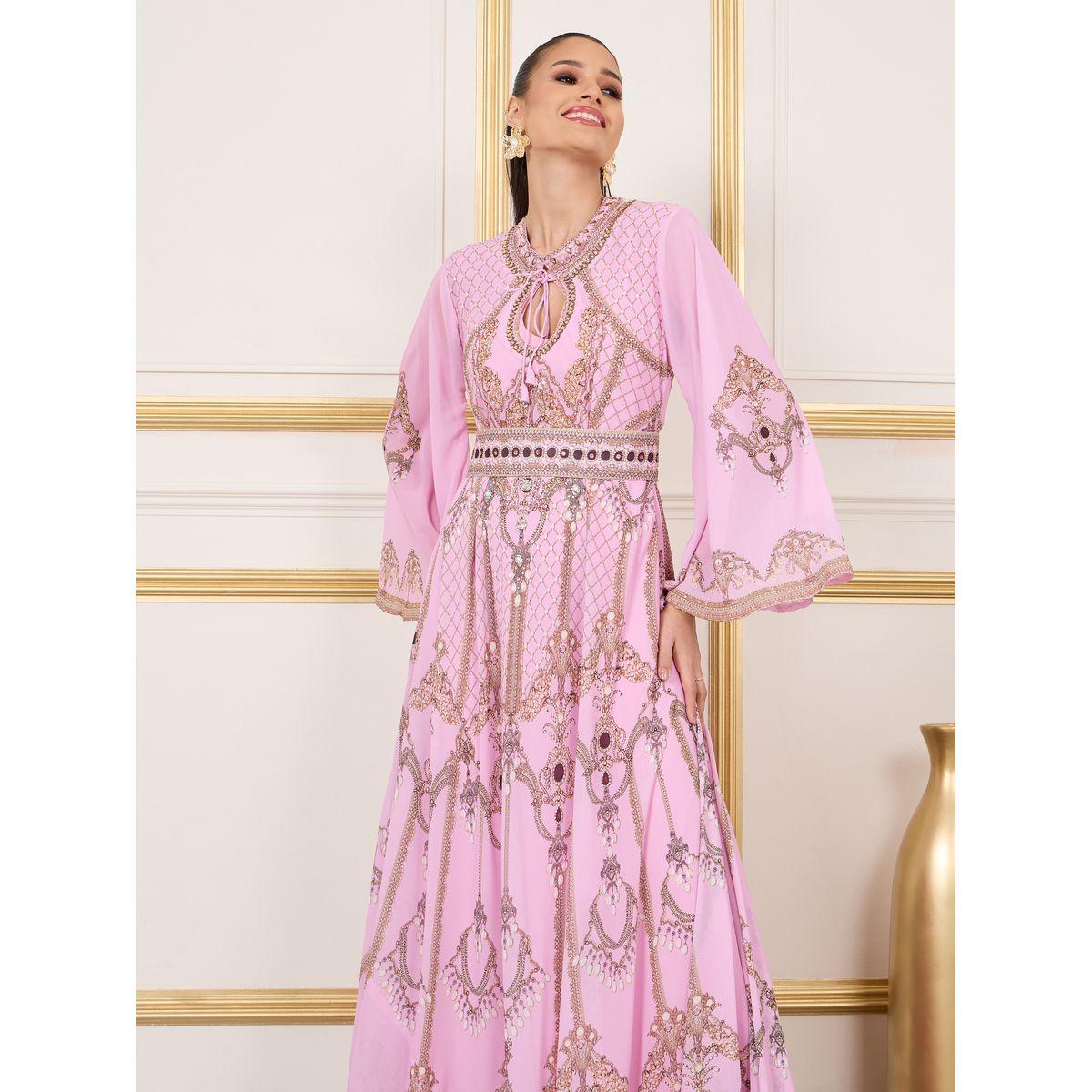 Maxim Creation Embellished Printed Tie Up Neck Jalabiya-women-arabicclothing-jalabiyas-image-4