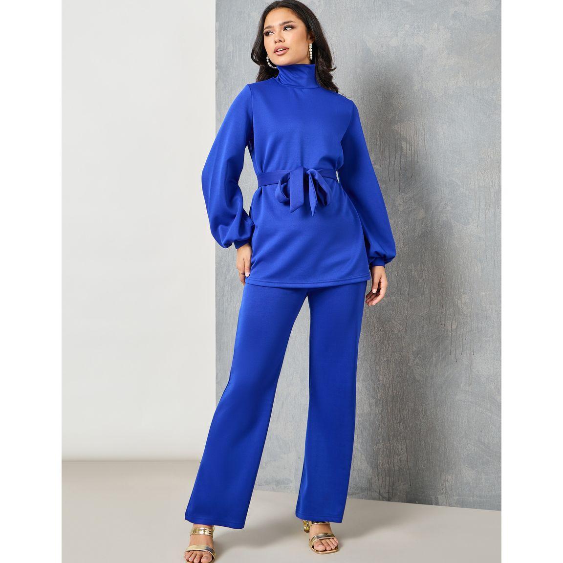 Styli Lantern Sleeves High Neck Blouse & Flare Leg Pants Co-Ords-women-clothing-coordsets-image-1