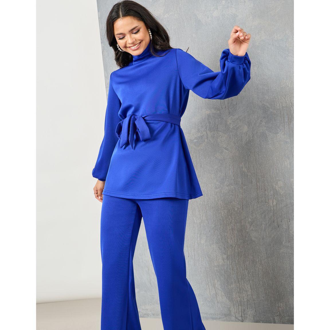 Styli Lantern Sleeves High Neck Blouse & Flare Leg Pants Co-Ords-women-clothing-coordsets-image-2
