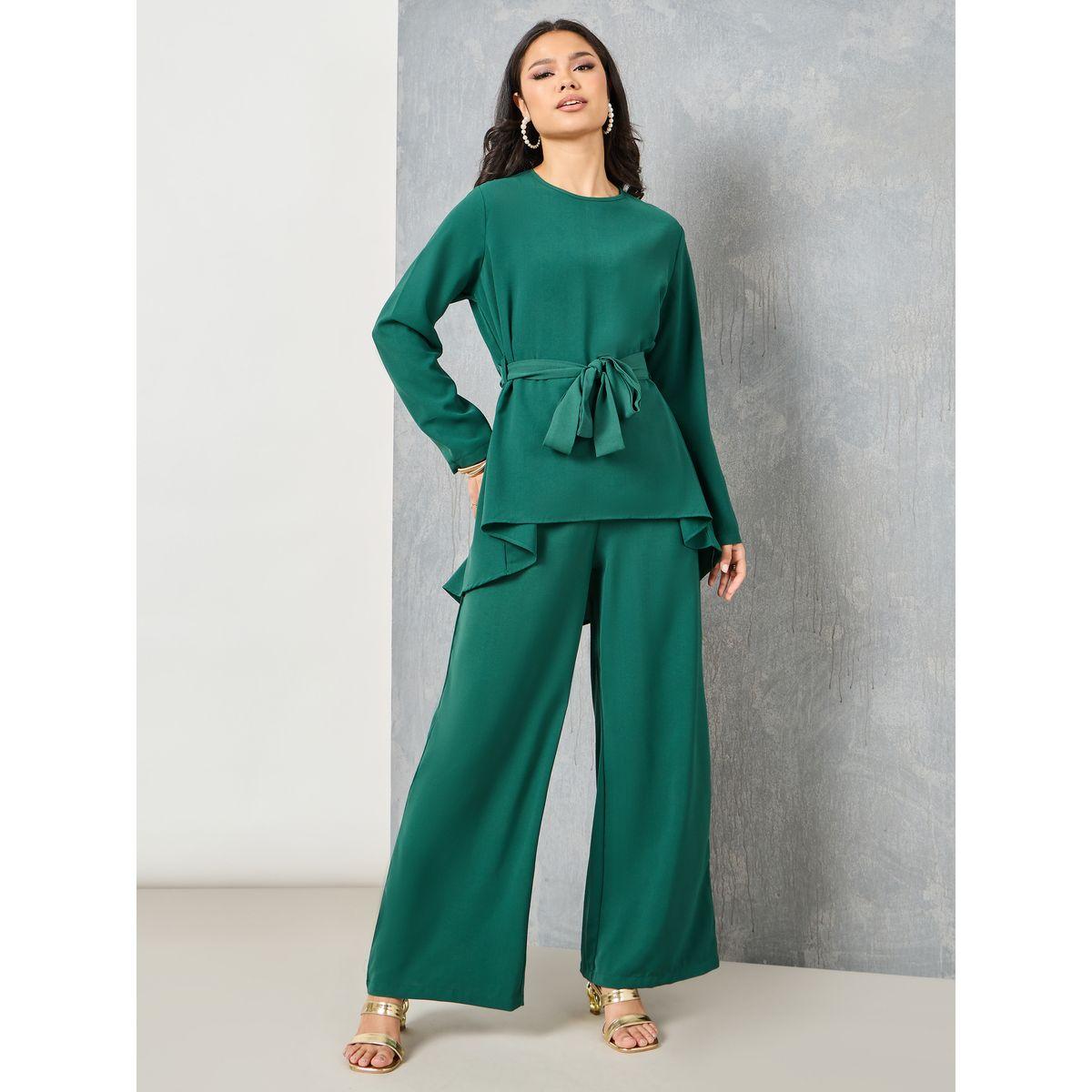 Styli Ruffle Hem Detail Blouse with Tie Belt & Wide Leg Pants-women-clothing-coordsets-image-1