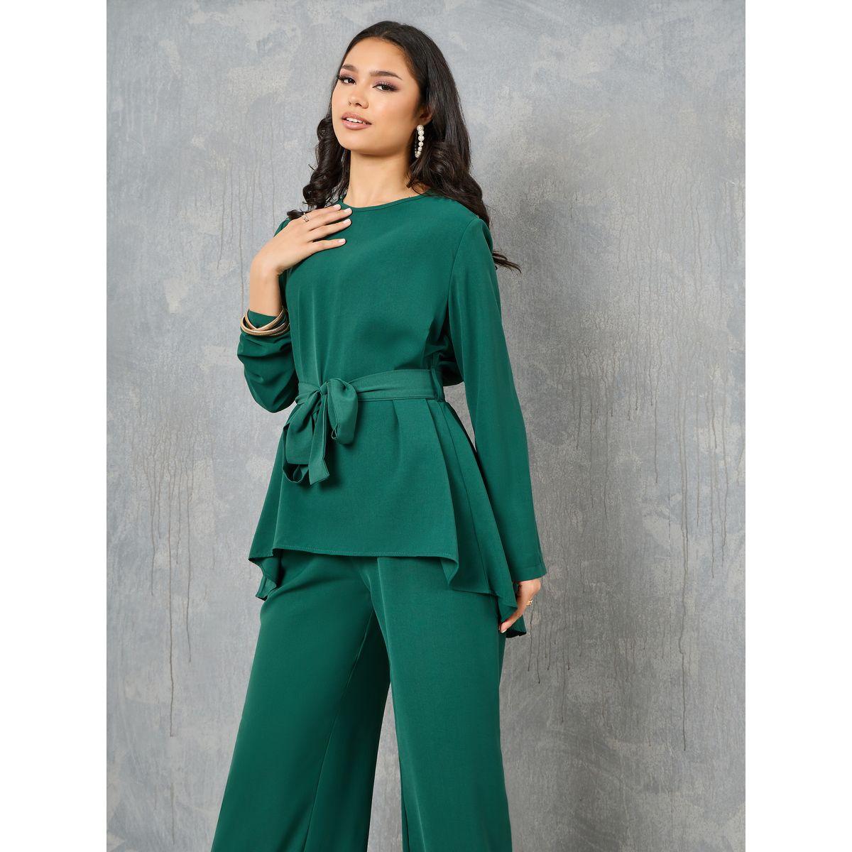 Styli Ruffle Hem Detail Blouse with Tie Belt & Wide Leg Pants-women-clothing-coordsets-image-2