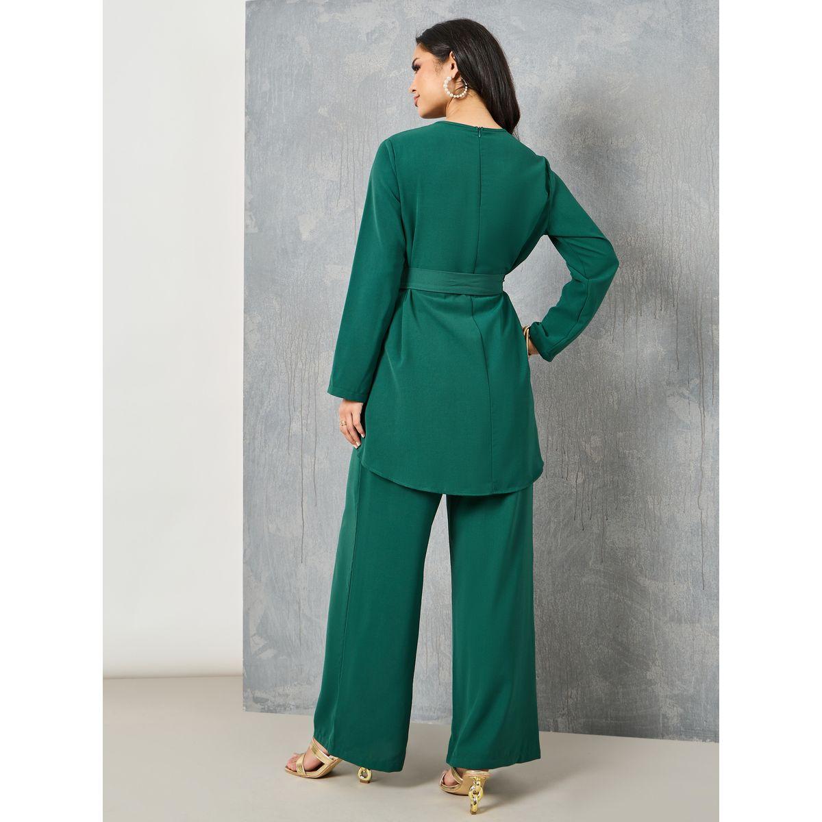 Styli Ruffle Hem Detail Blouse with Tie Belt & Wide Leg Pants-women-clothing-coordsets-image-4