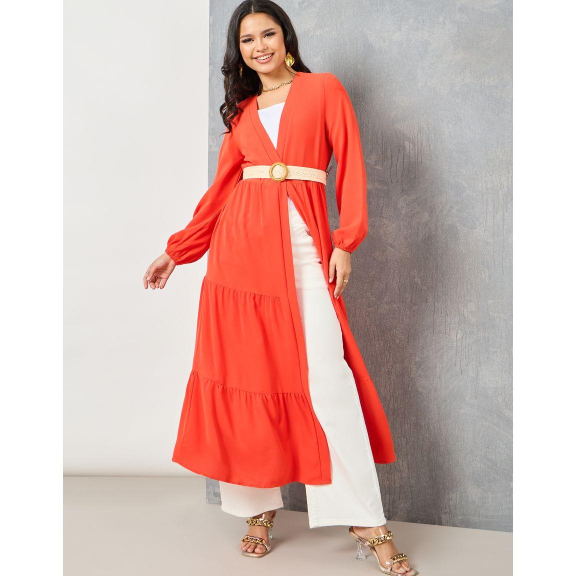 Styli Solid Tiered Detail Maxi Kimono-women-clothing-shirtsandblouses-shirts-image-1