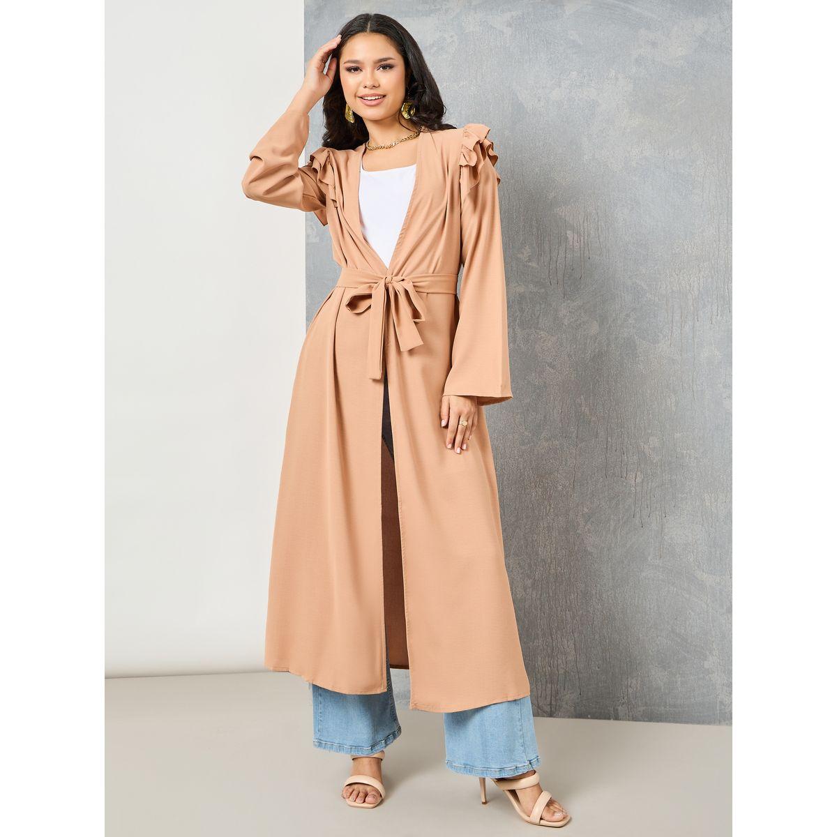 Styli Solid Ruffle Detail Kimono with Tie Up Belt-women-clothing-shirtsandblouses-shirts-image-1