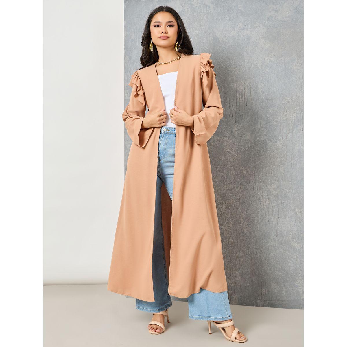 Styli Solid Ruffle Detail Kimono with Tie Up Belt-women-clothing-shirtsandblouses-shirts-image-2