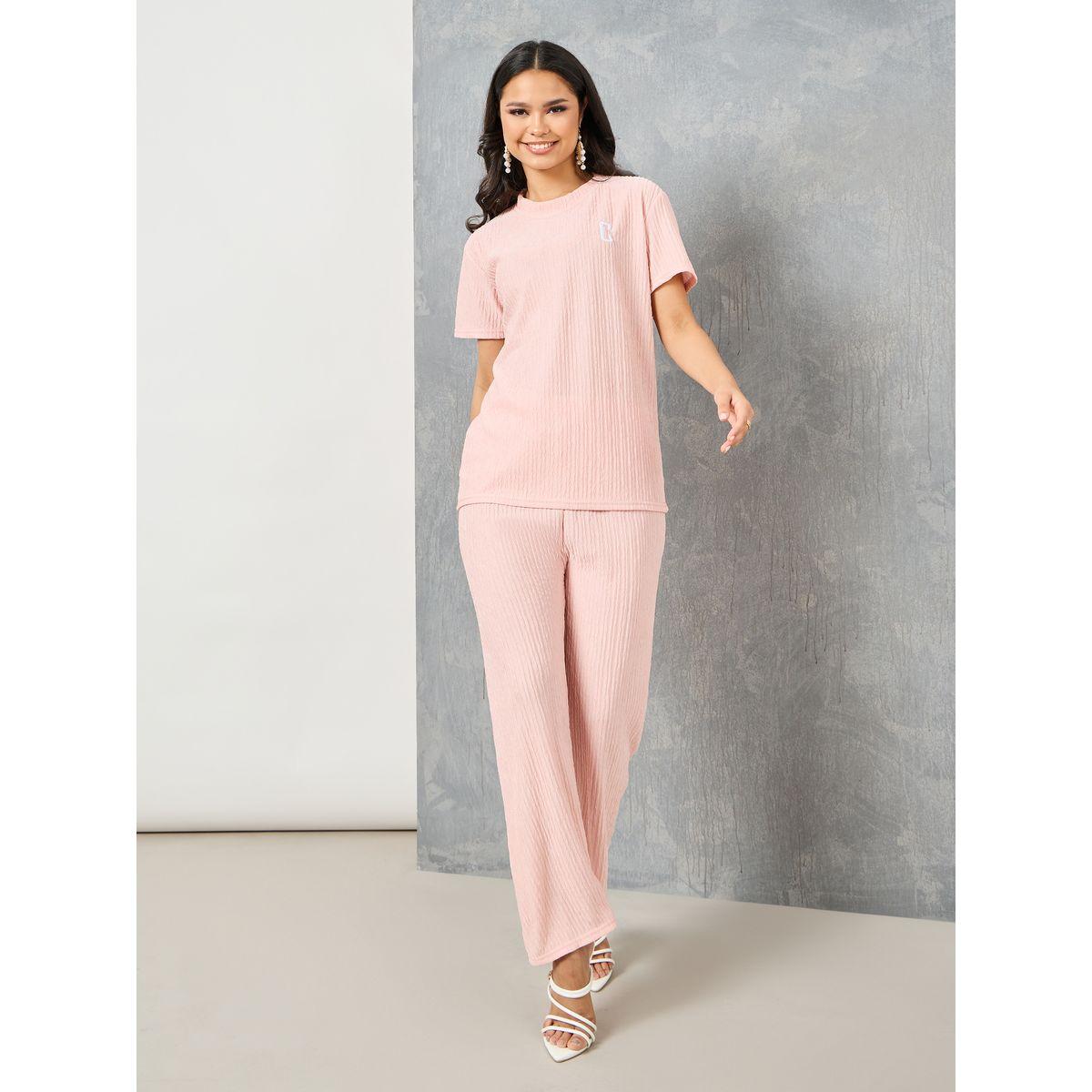 Styli Textured T-shirt and Straight Leg Pants Co-ords-women-clothing-coordsets-image-1