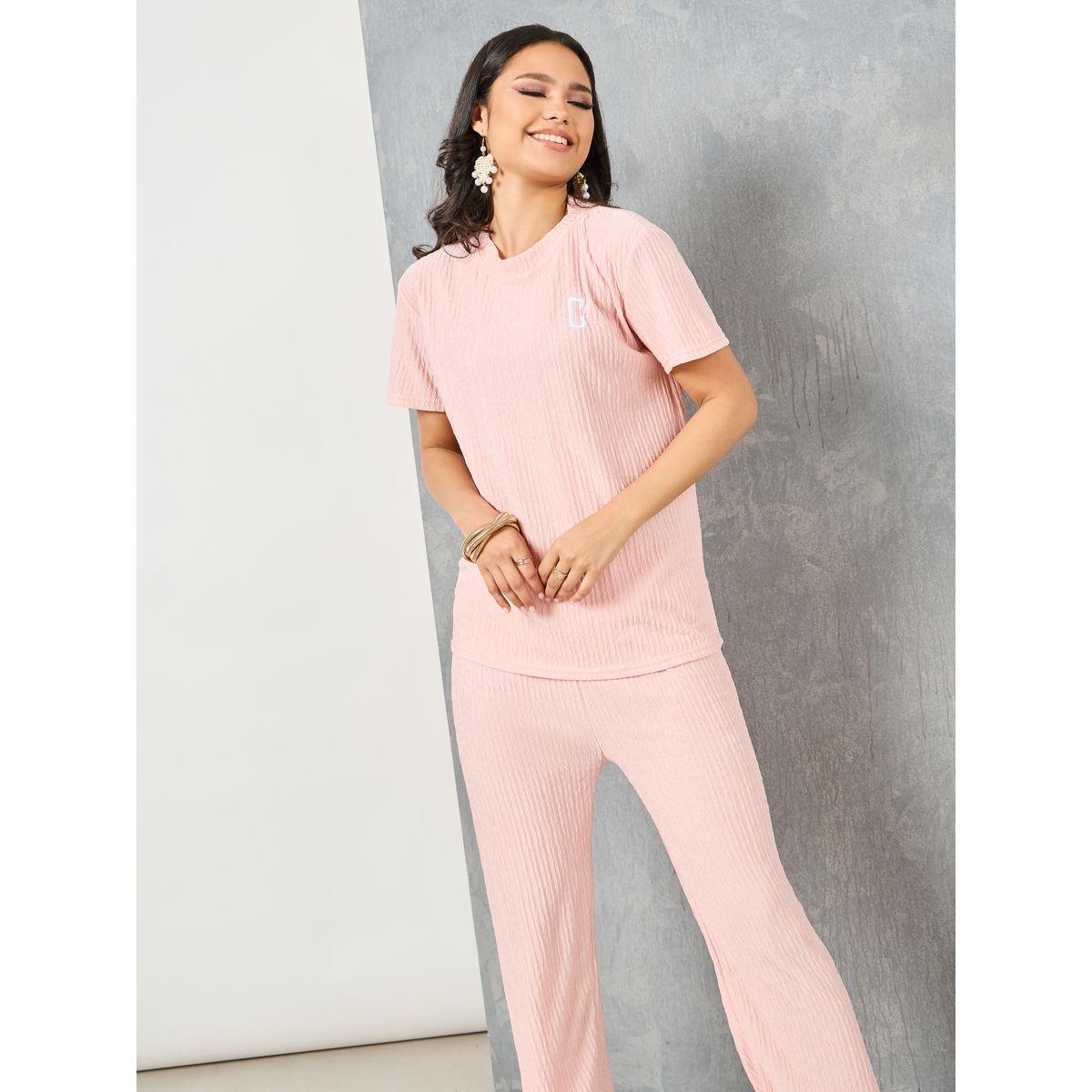 Styli Textured T-shirt and Straight Leg Pants Co-ords-women-clothing-coordsets-image-2