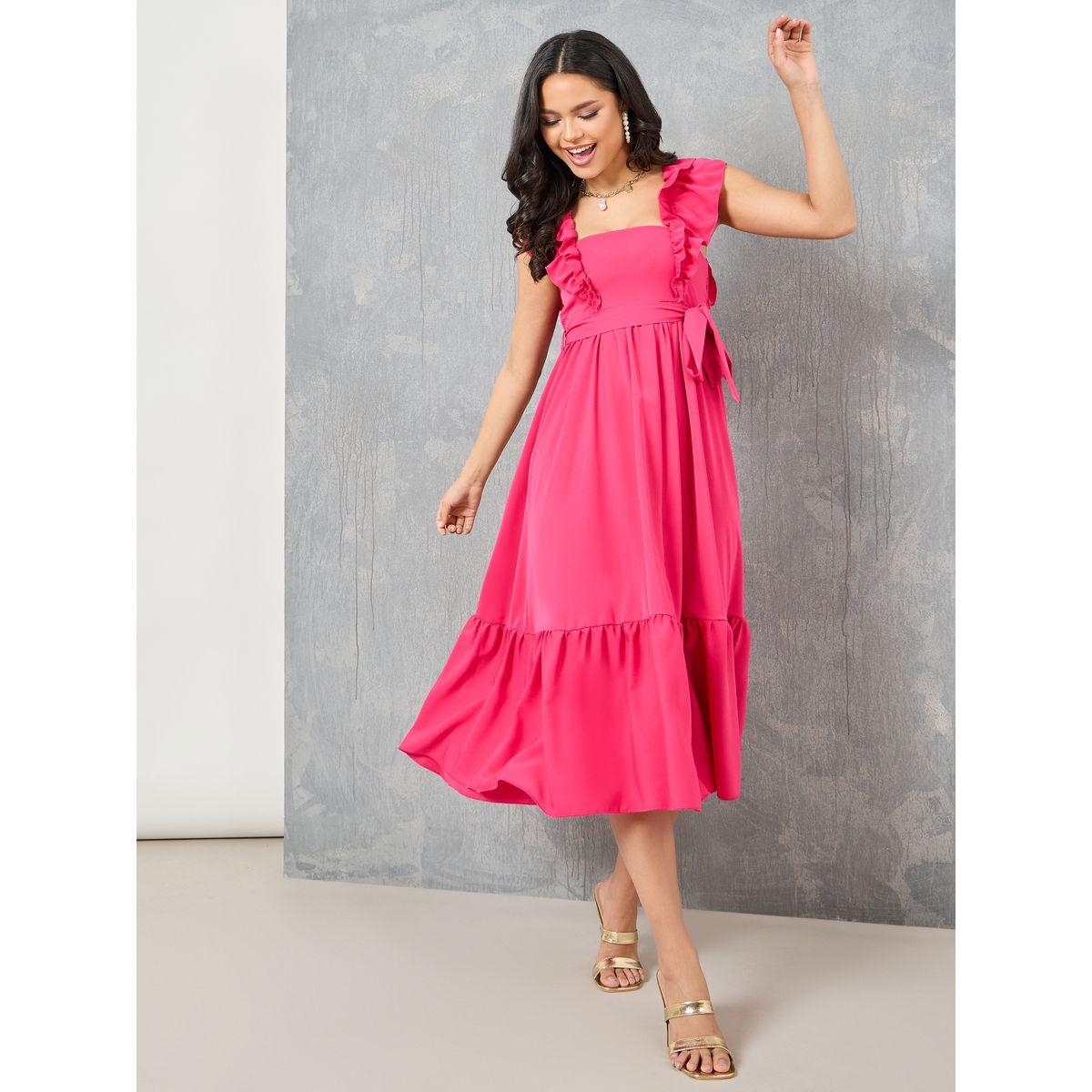 Styli Smocked Detail Ruffle Trim A-Line Midi Dress-women-clothing-dresses-image-1