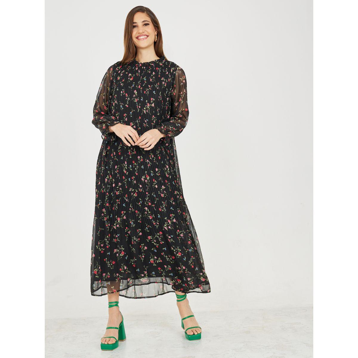 فستان ميدي بكسرات وياقة عالية-women-clothing-dresses-image-1
