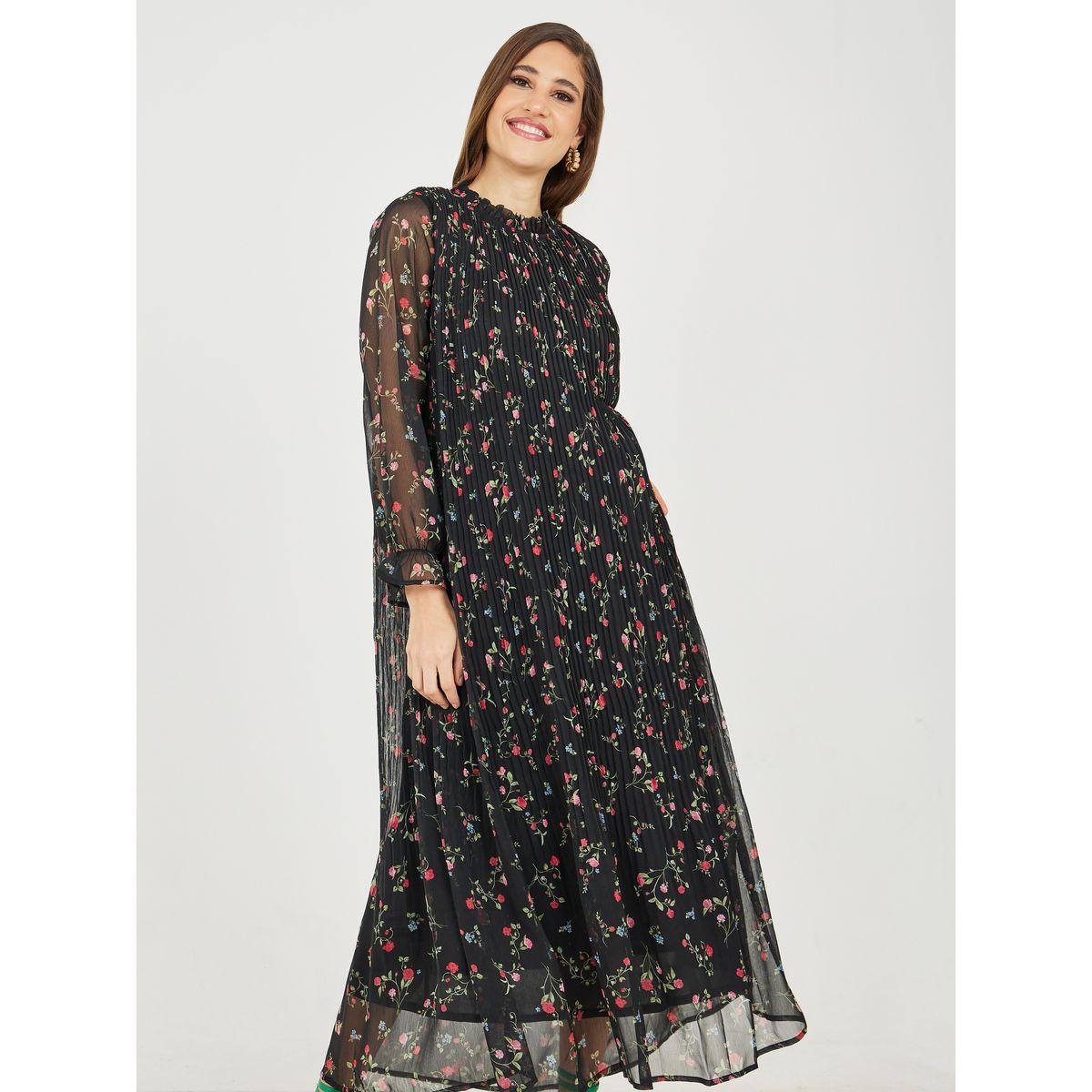 فستان ميدي بكسرات وياقة عالية-women-clothing-dresses-image-2