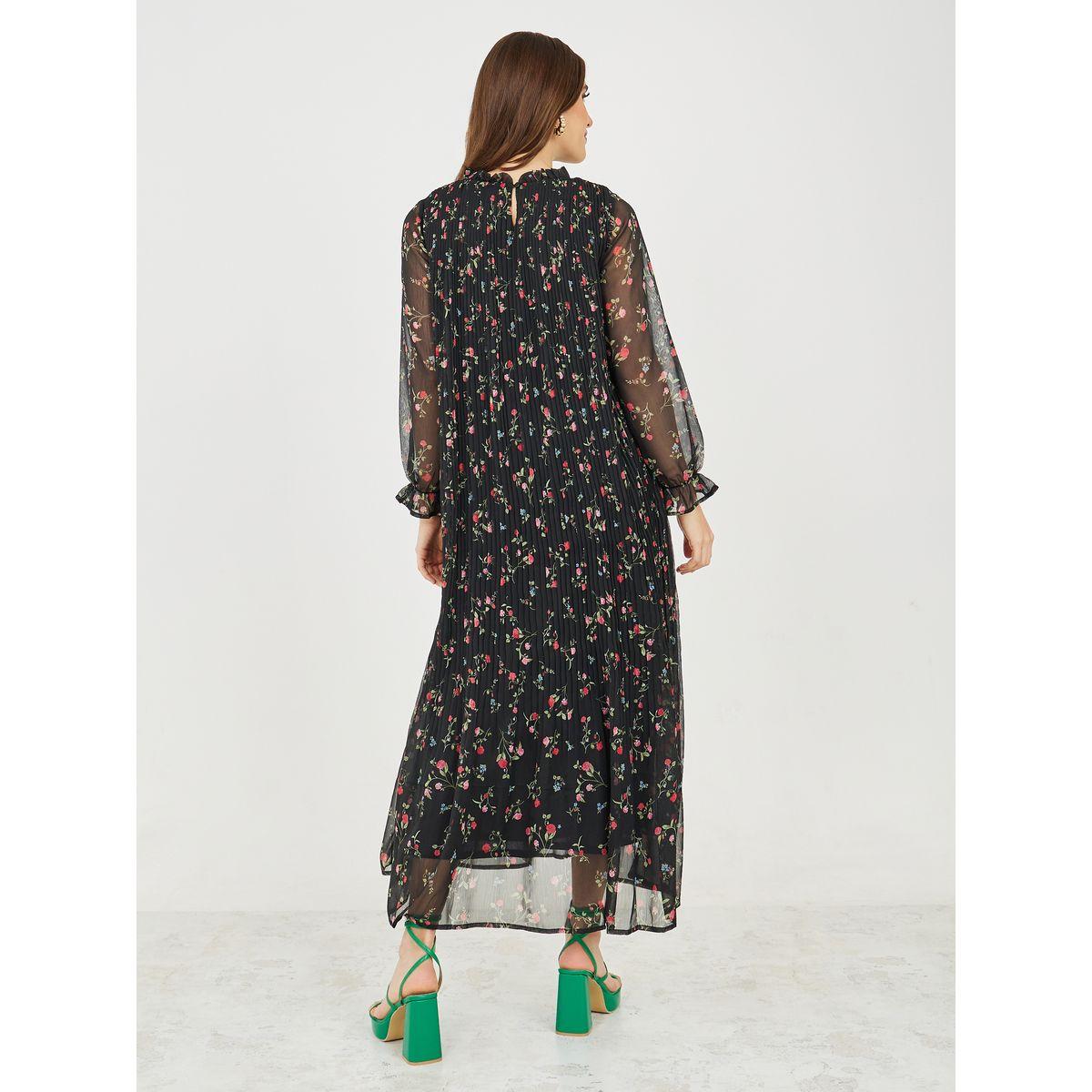 Styli Pleated Ditsy Print High Neck Aline Midi Dress-women-clothing-dresses-image-4