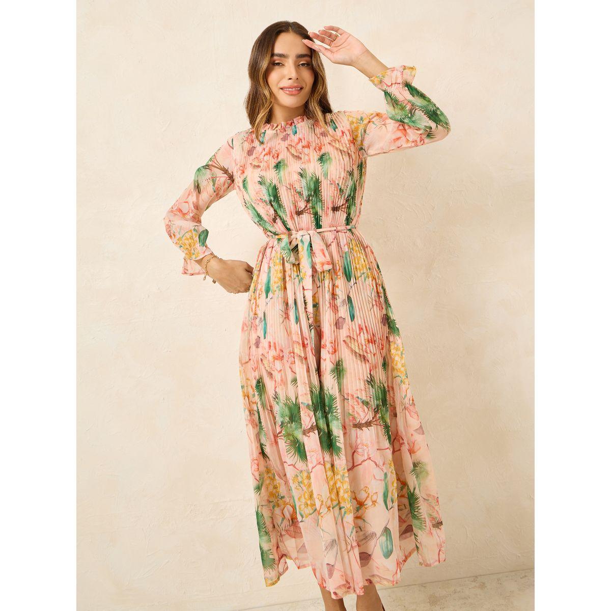 Styli Floral Pleated High Neck A-Line Maxi Dress-women-clothing-dresses-image-2