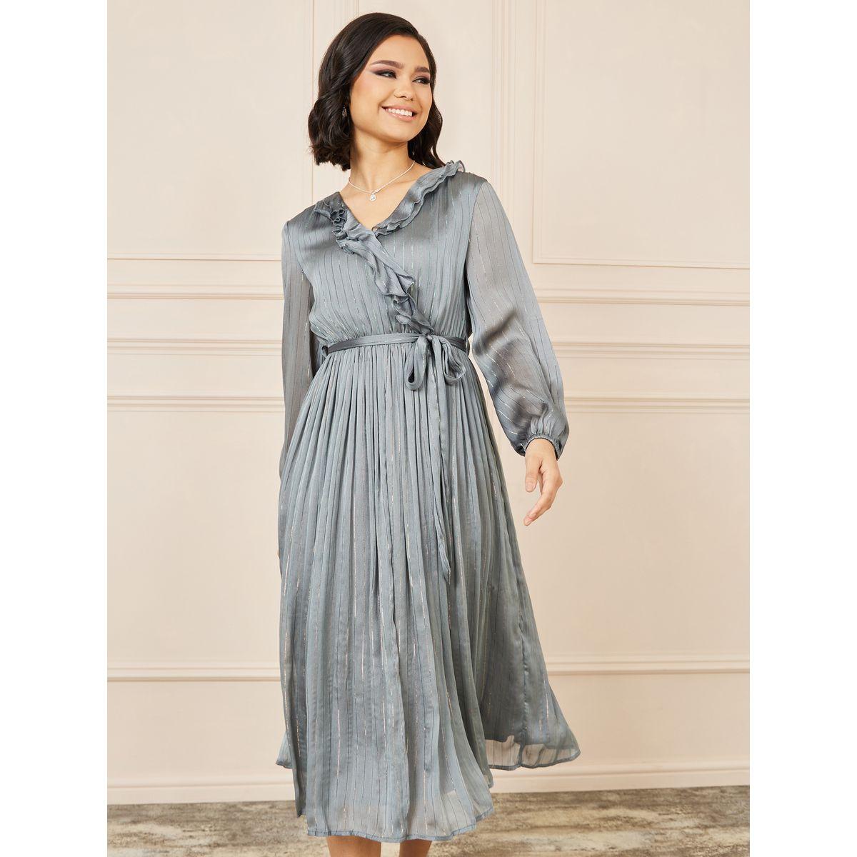 فستان ميدي مخطط بنسيج لوريكس مع كشكش-women-clothing-dresses-image-1