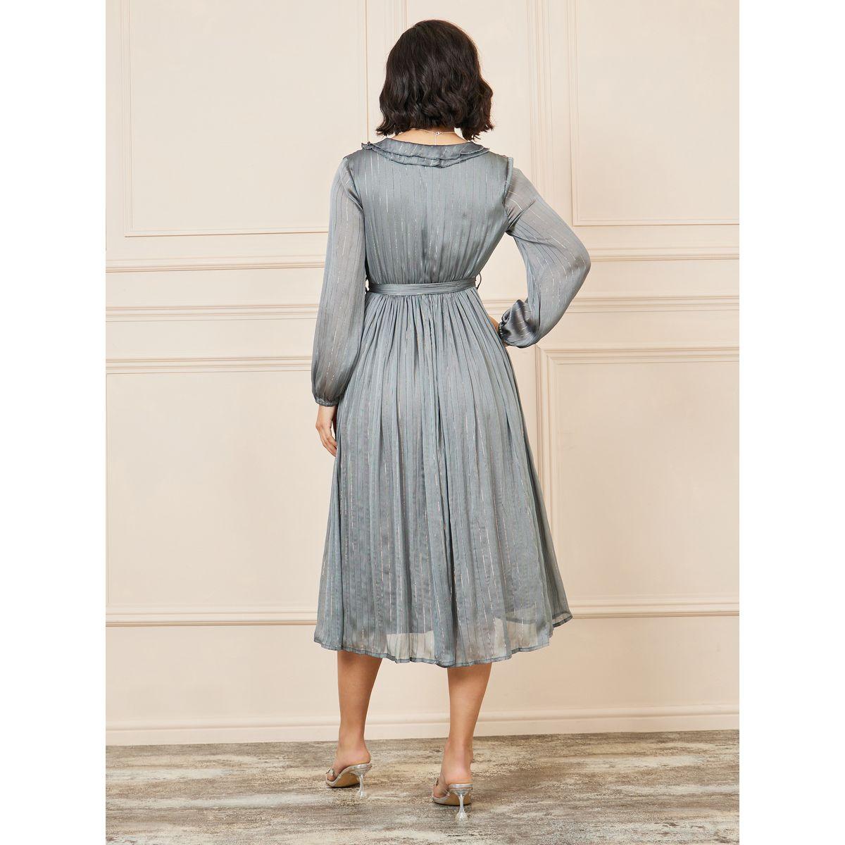 Styli Lurex Striped Ruffle Neck A-line Midi Dress-women-clothing-dresses-image-4