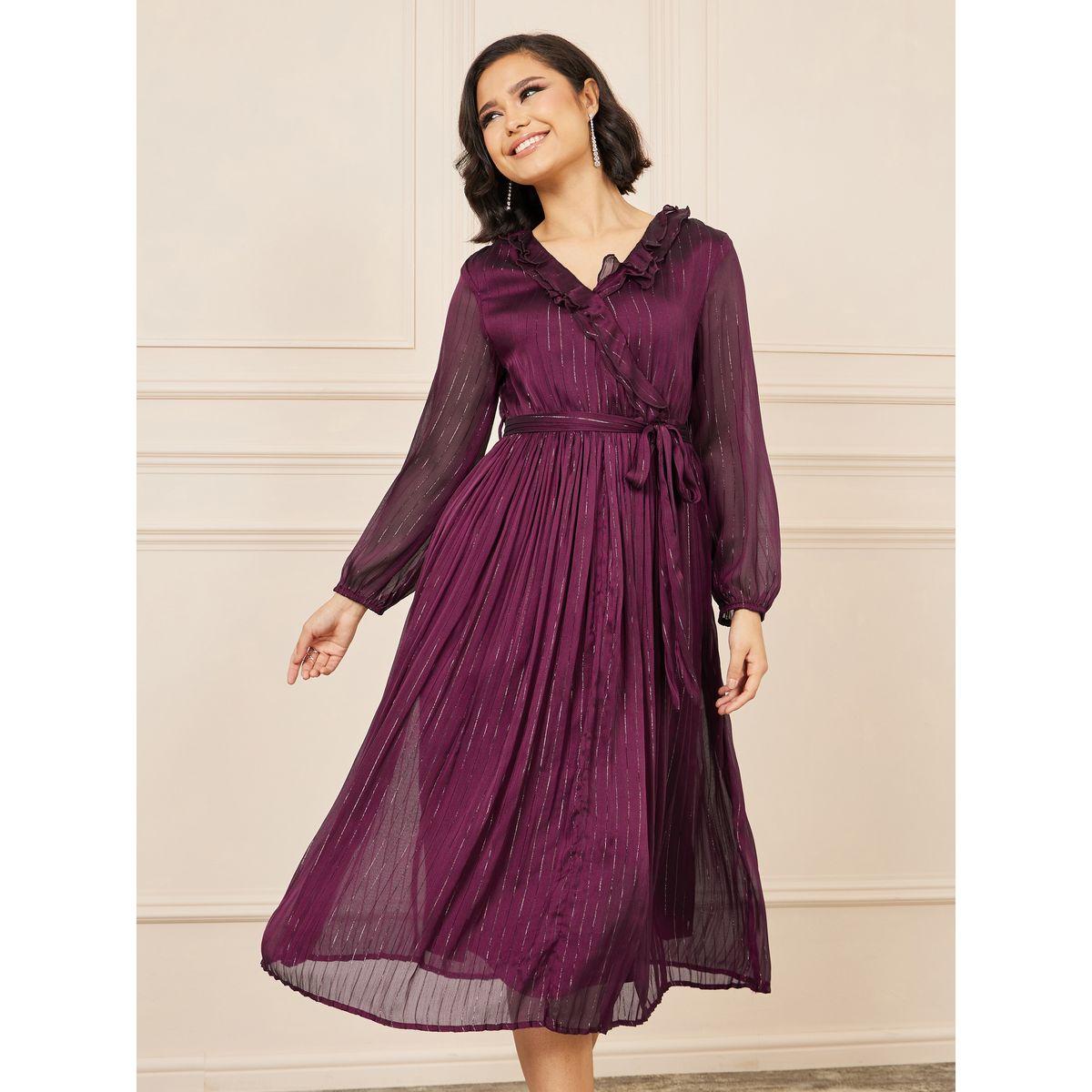فستان ميدي مخطط بنسيج لوريكس مع كشكش-women-clothing-dresses-image-1