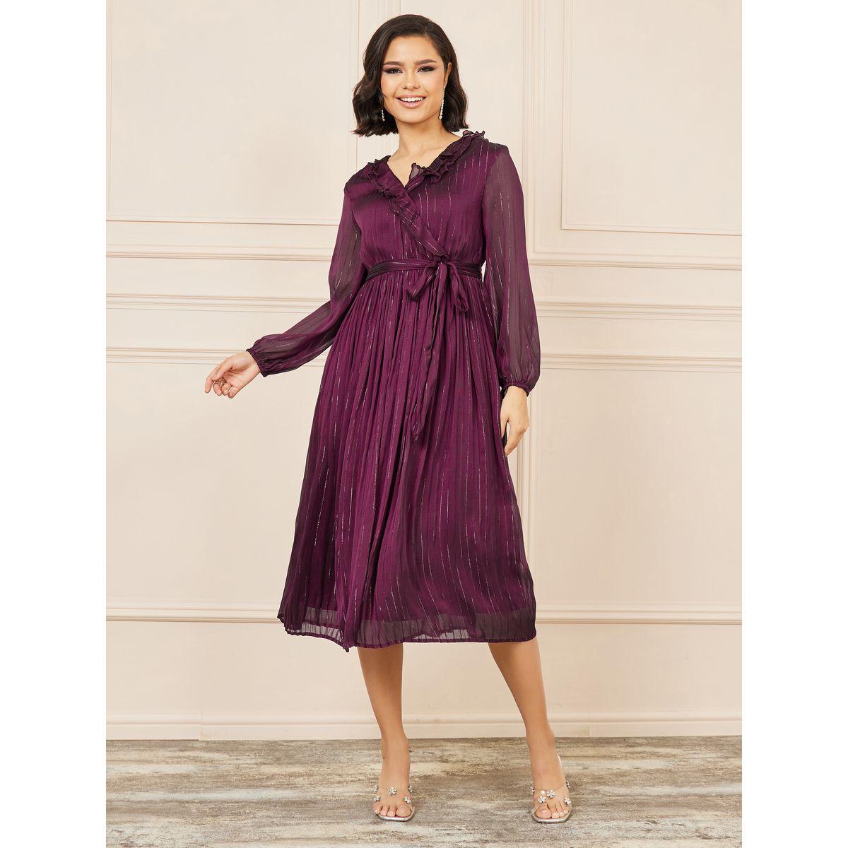 Styli Lurex Striped Ruffle Neck A-line Midi Dress-women-clothing-dresses-image-2