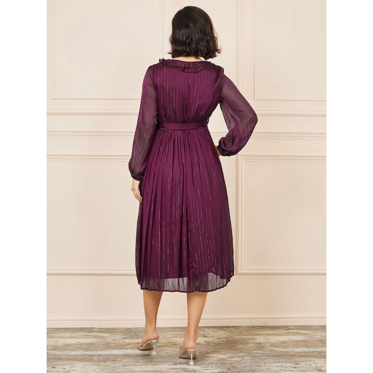 Styli Lurex Striped Ruffle Neck A-line Midi Dress-women-clothing-dresses-image-4