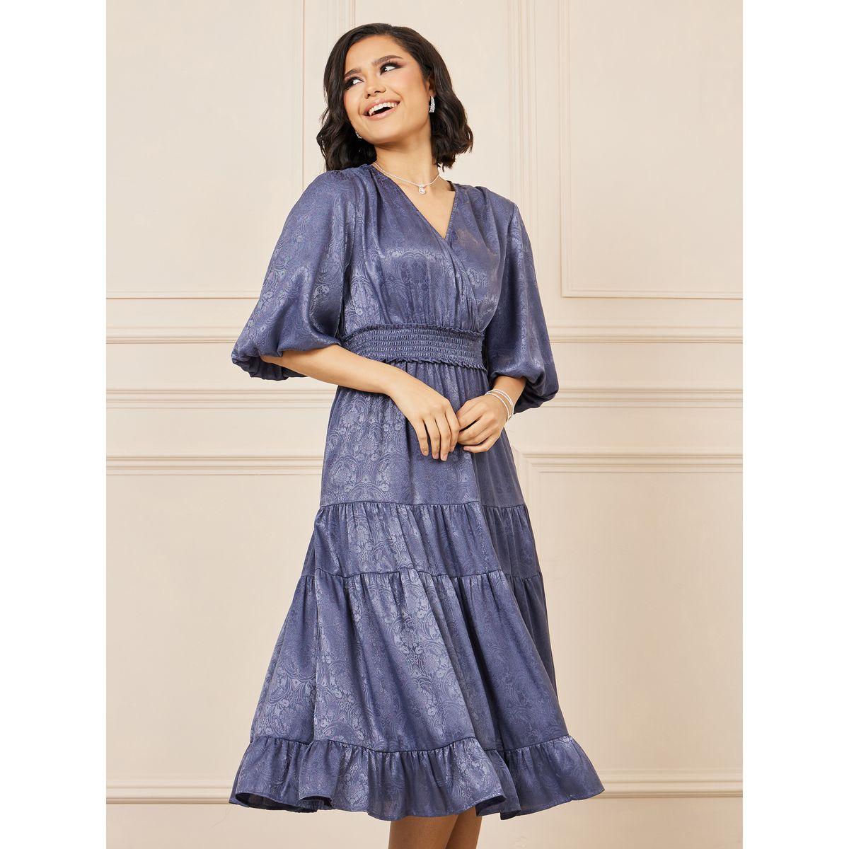 فستان ميدي بطبعة جاكار وكسرات-women-clothing-dresses-image-2