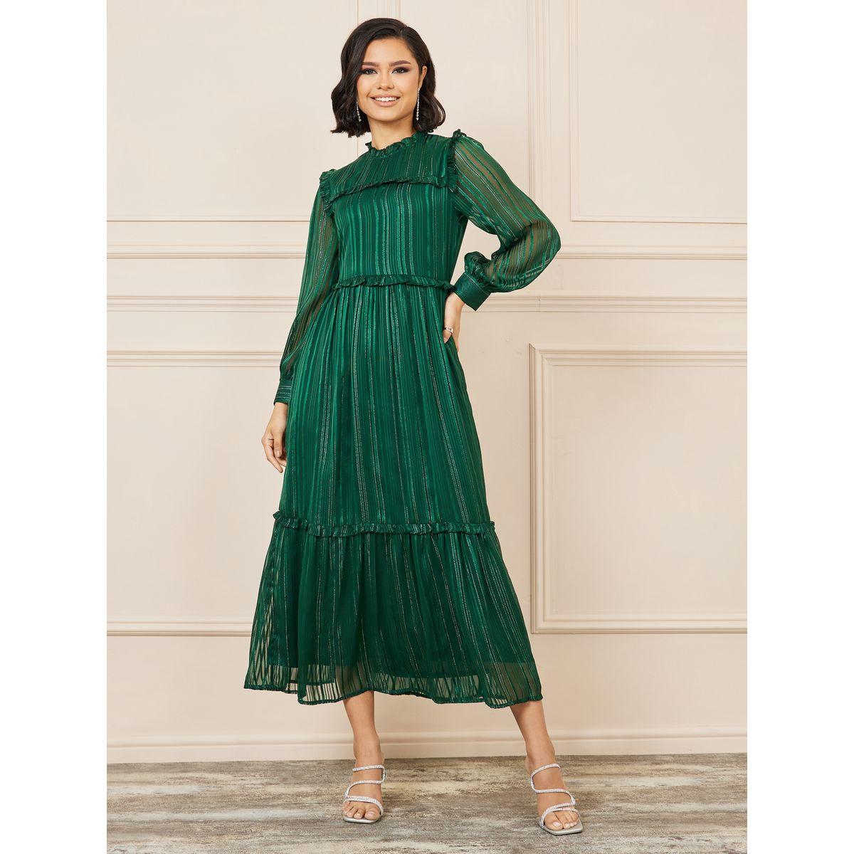 Styli Lurex Striped High Neck Tiered Midi Dress-women-clothing-dresses-image-1