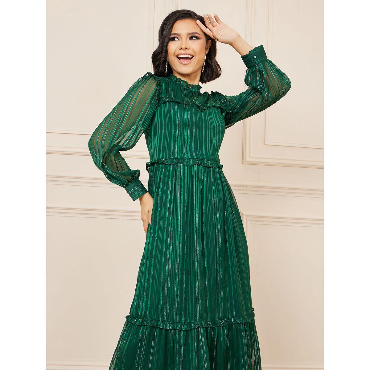 فستان ميدي مخطط بنسيج لوريكس مع ياقة عالية-women-clothing-dresses-image-2