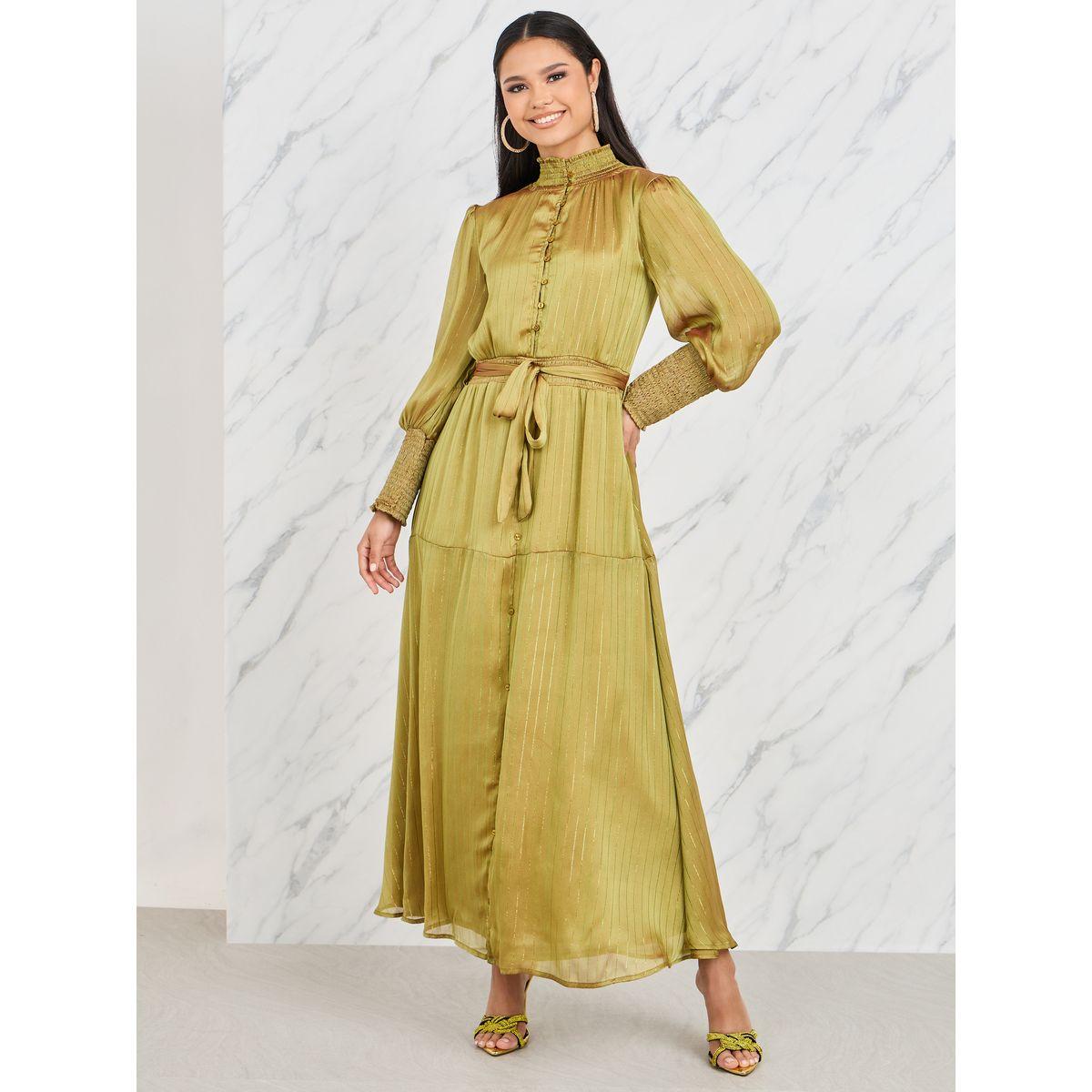 Styli Lurex Striped High Neck Smocked Detail Tiered Maxi Dress-women-clothing-dresses-image-1
