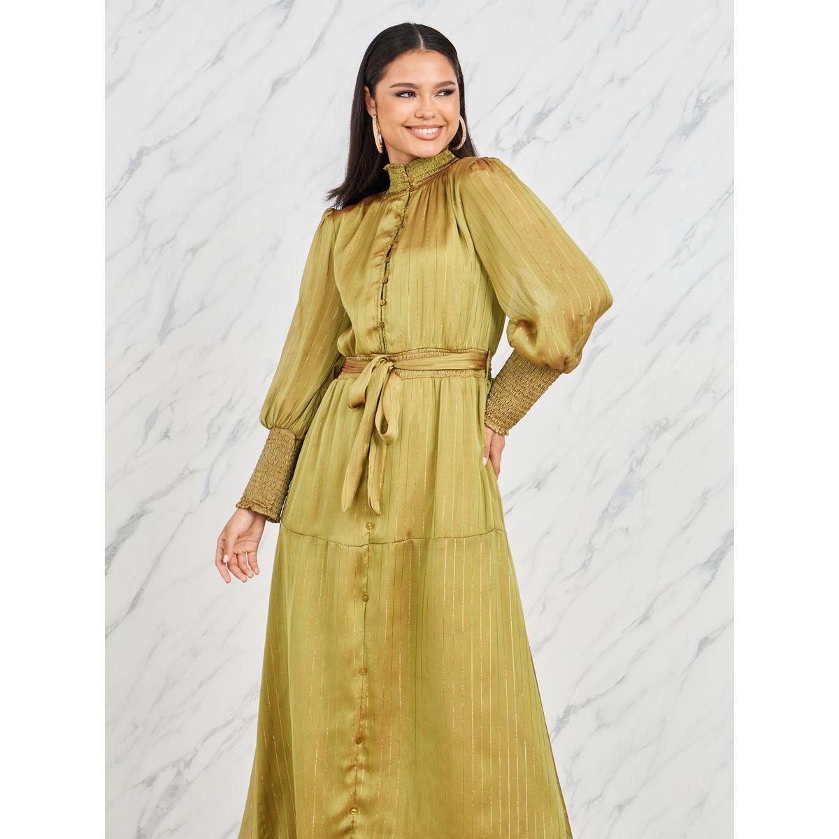 Styli Lurex Striped High Neck Smocked Detail Tiered Maxi Dress-women-clothing-dresses-image-2